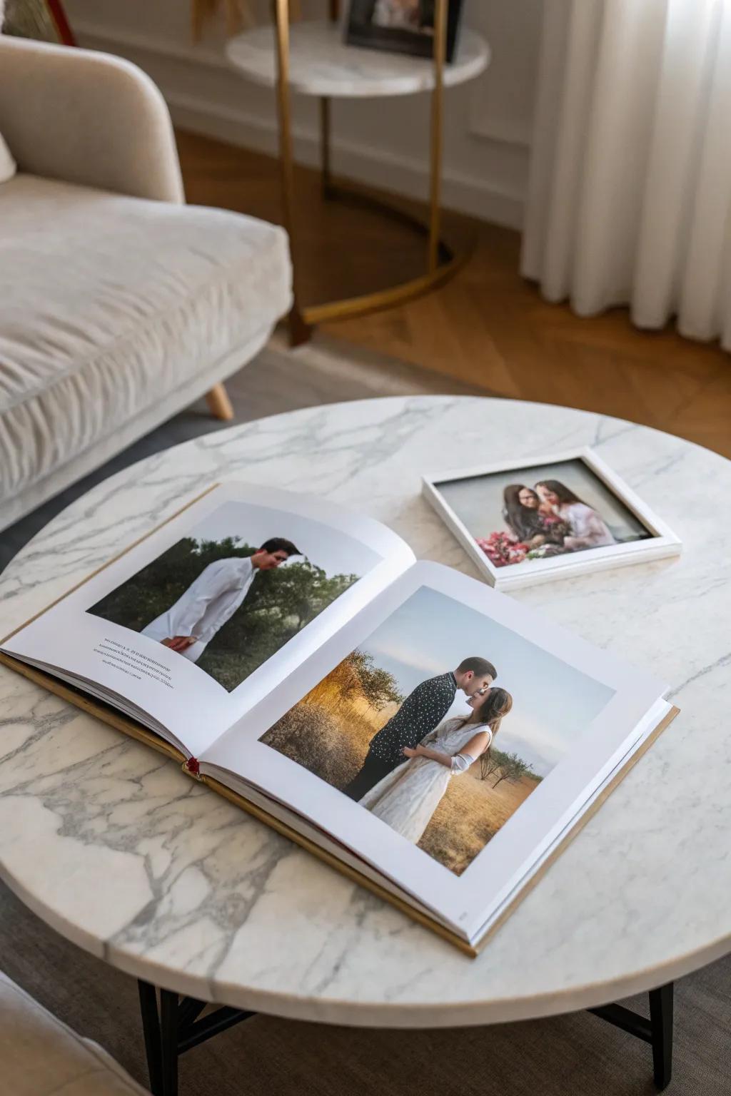 A clean design enhances the elegance of an engagement memory album.
