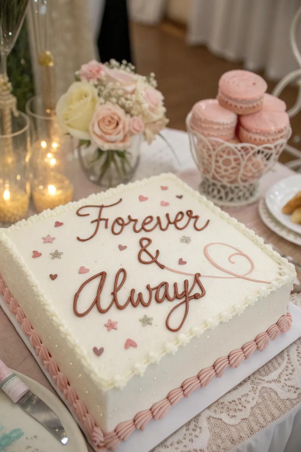 An engagement sheet cake displaying a heartfelt message.