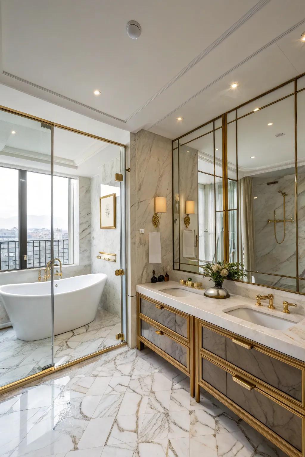 Extravagance specifics like marble and metal elevate the bathroom's elegance.