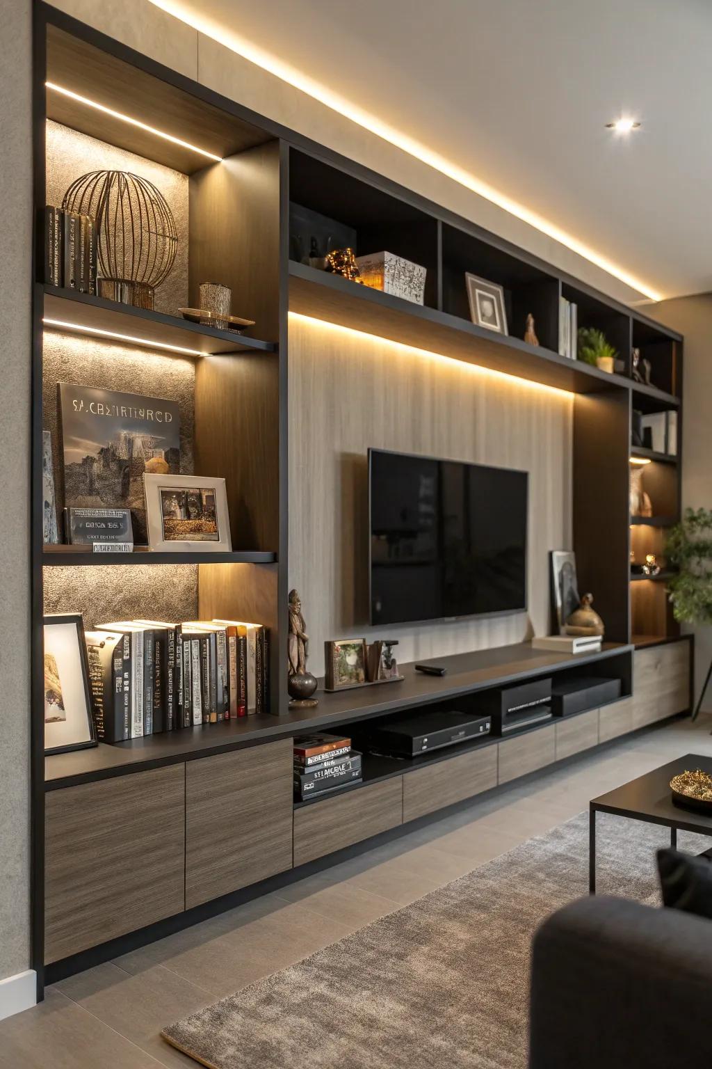 Integrated lighting contributes a warm ambience to the entertainment station.