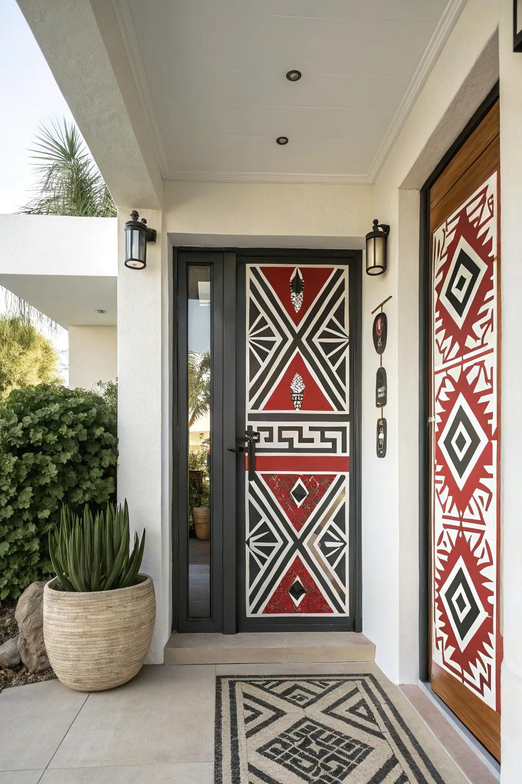 An entrance door showcasing bold geometric patterns.