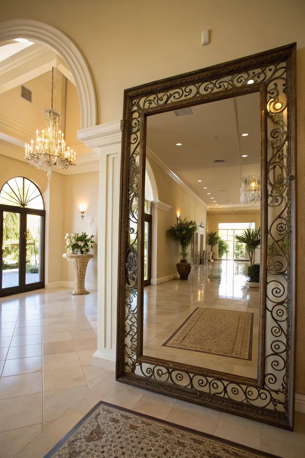 An entryway showcases a sizable decorative mirror that enhances light and cultivates spaciousness.