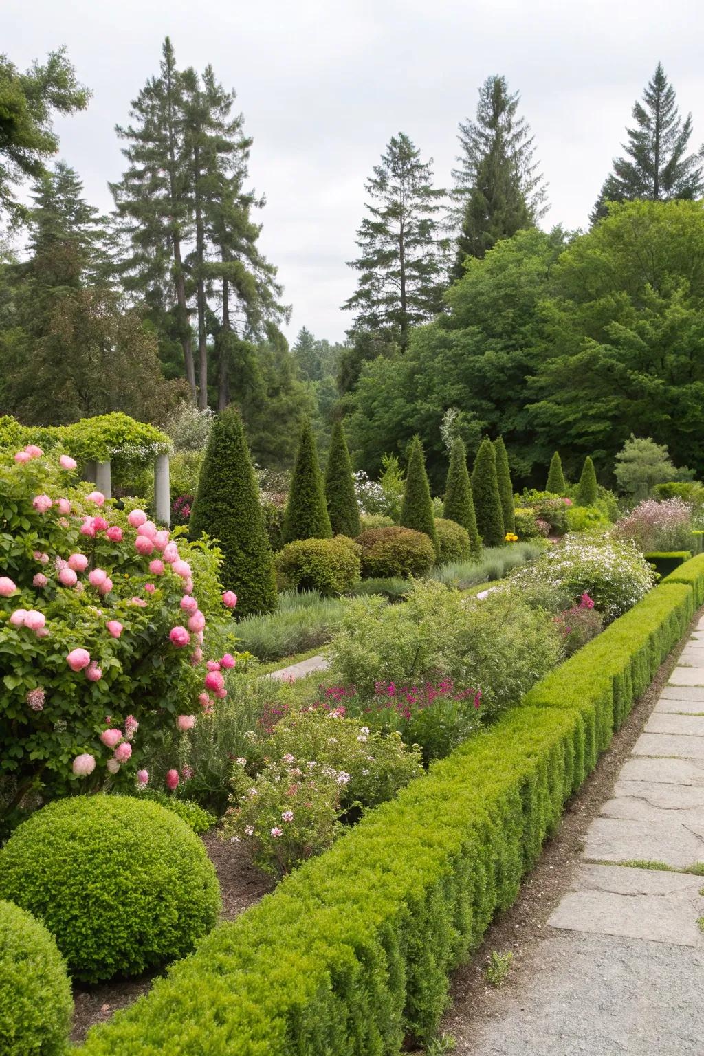 A garden showcasing evidently defined evergreen shrub borders.