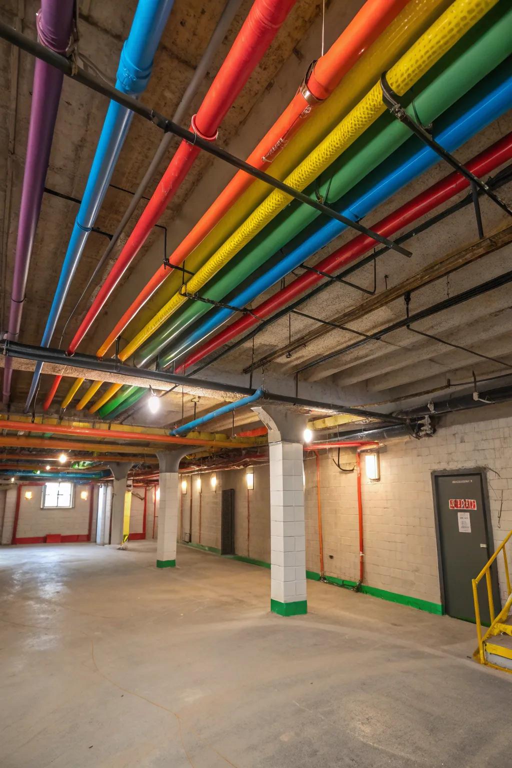 A multi-color scheme adds a playful and dynamic touch to an exposed ceiling.