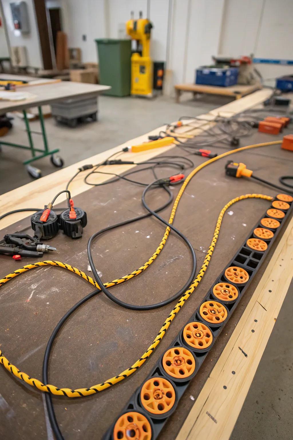 A daisy chain ensures leads stay organized and tangle-free.