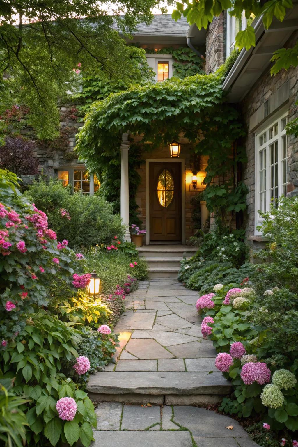 A welcoming home entrance with a lush garden.