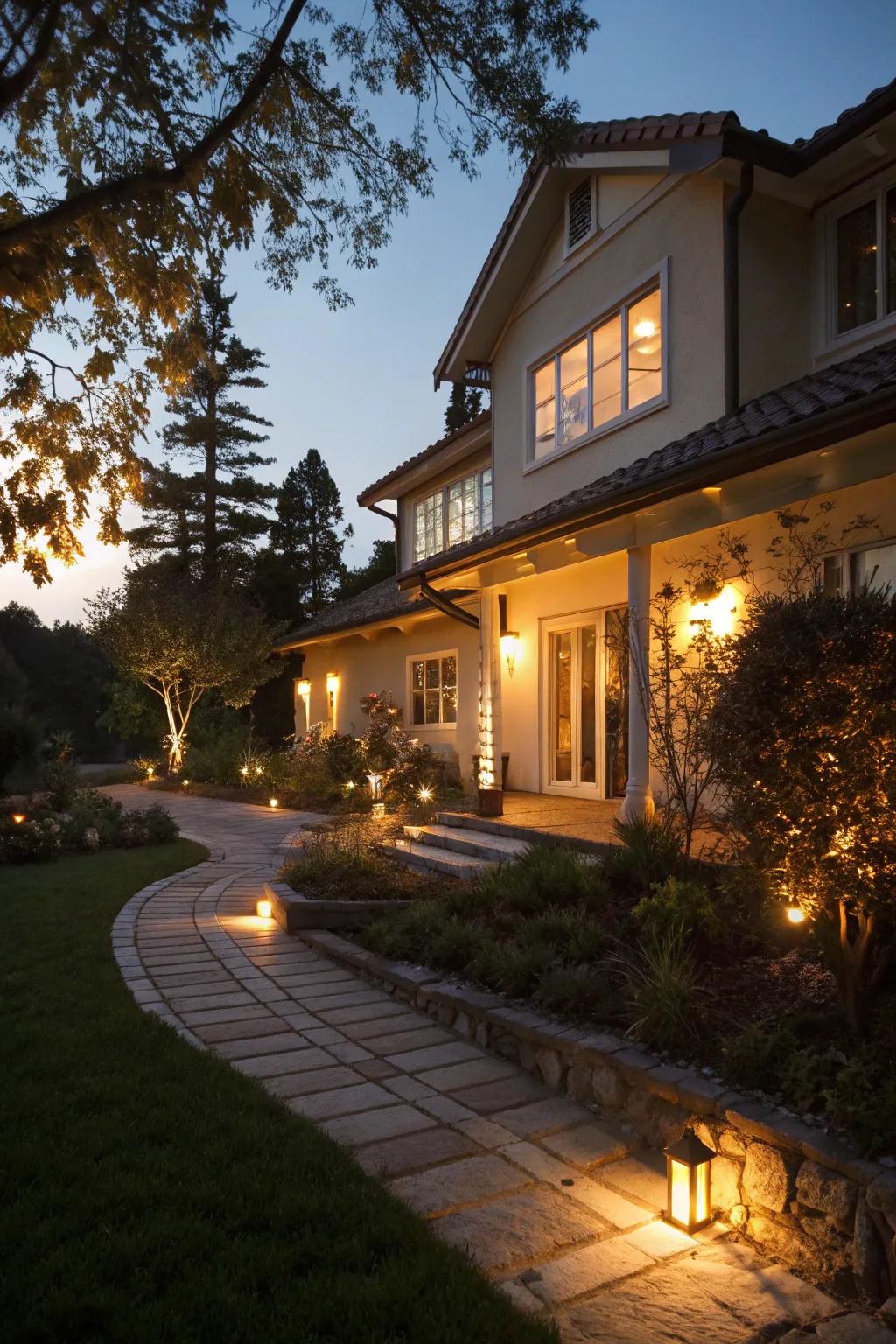 Magical outdoor lighting beautifully highlights this house.