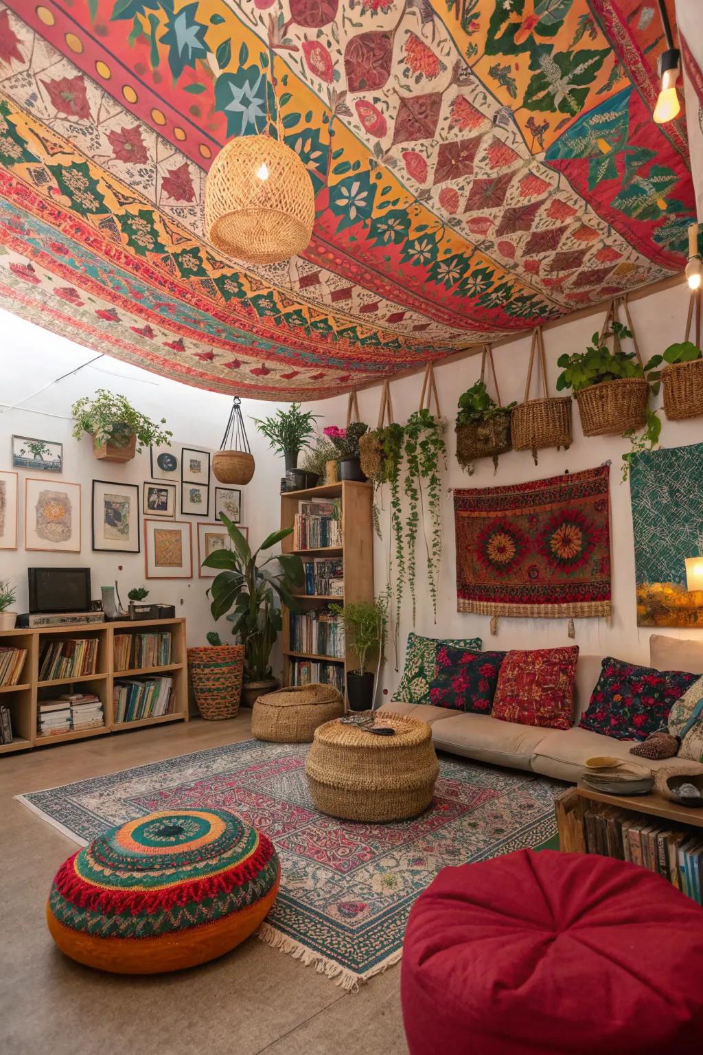 Incorporate bohemian style using a patterned fabric ceiling.