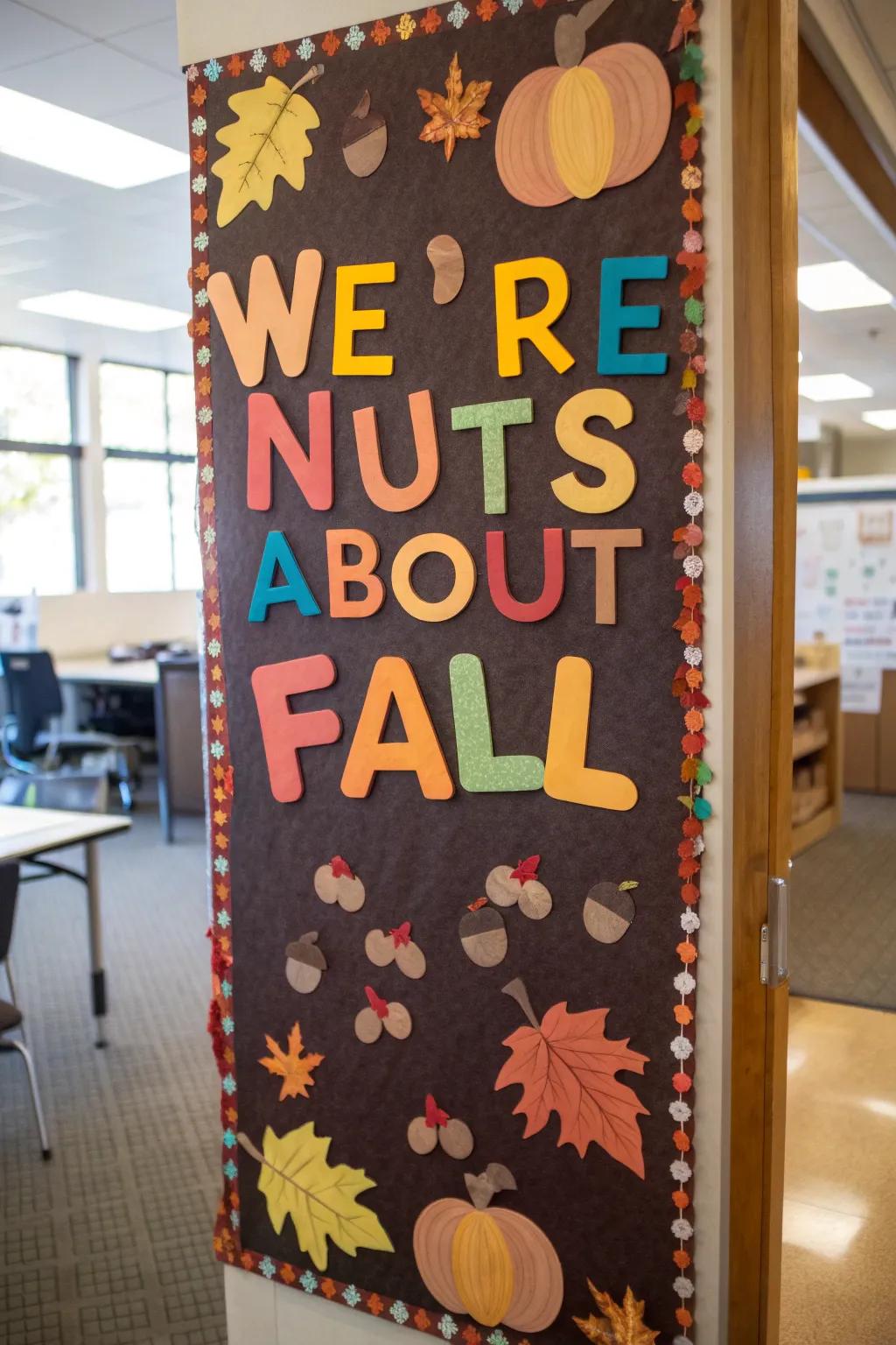 A bulletin board featuring fun wordplay and playful fall themes.