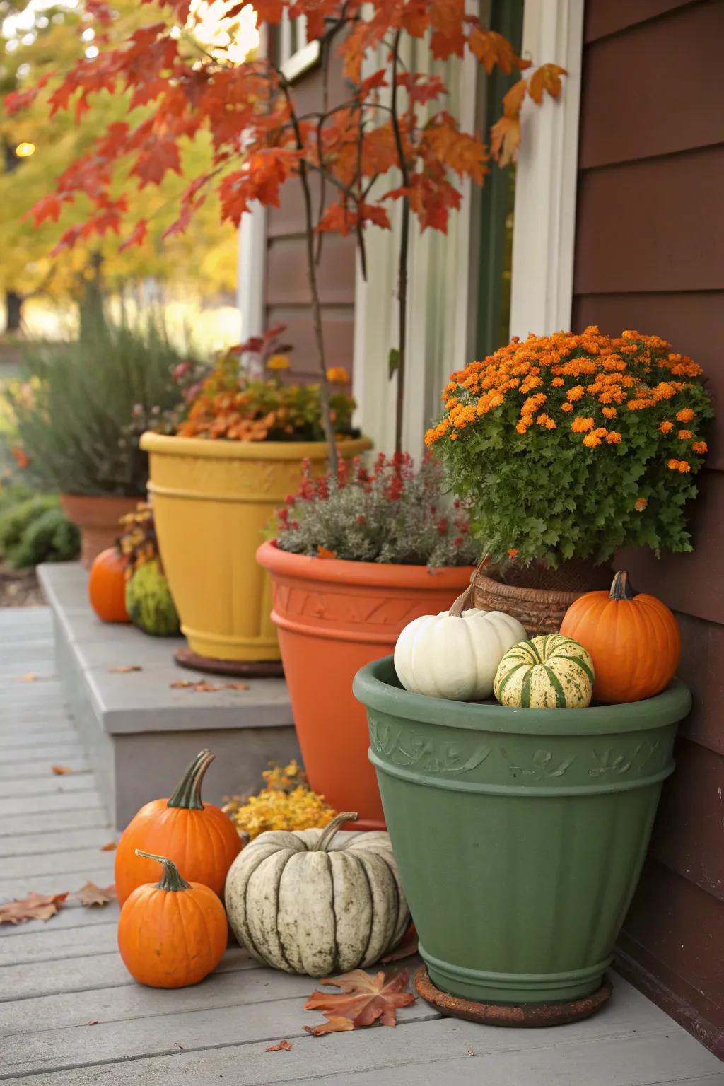 Harvest squashes and gourds introduce a festive touch to fall planters.