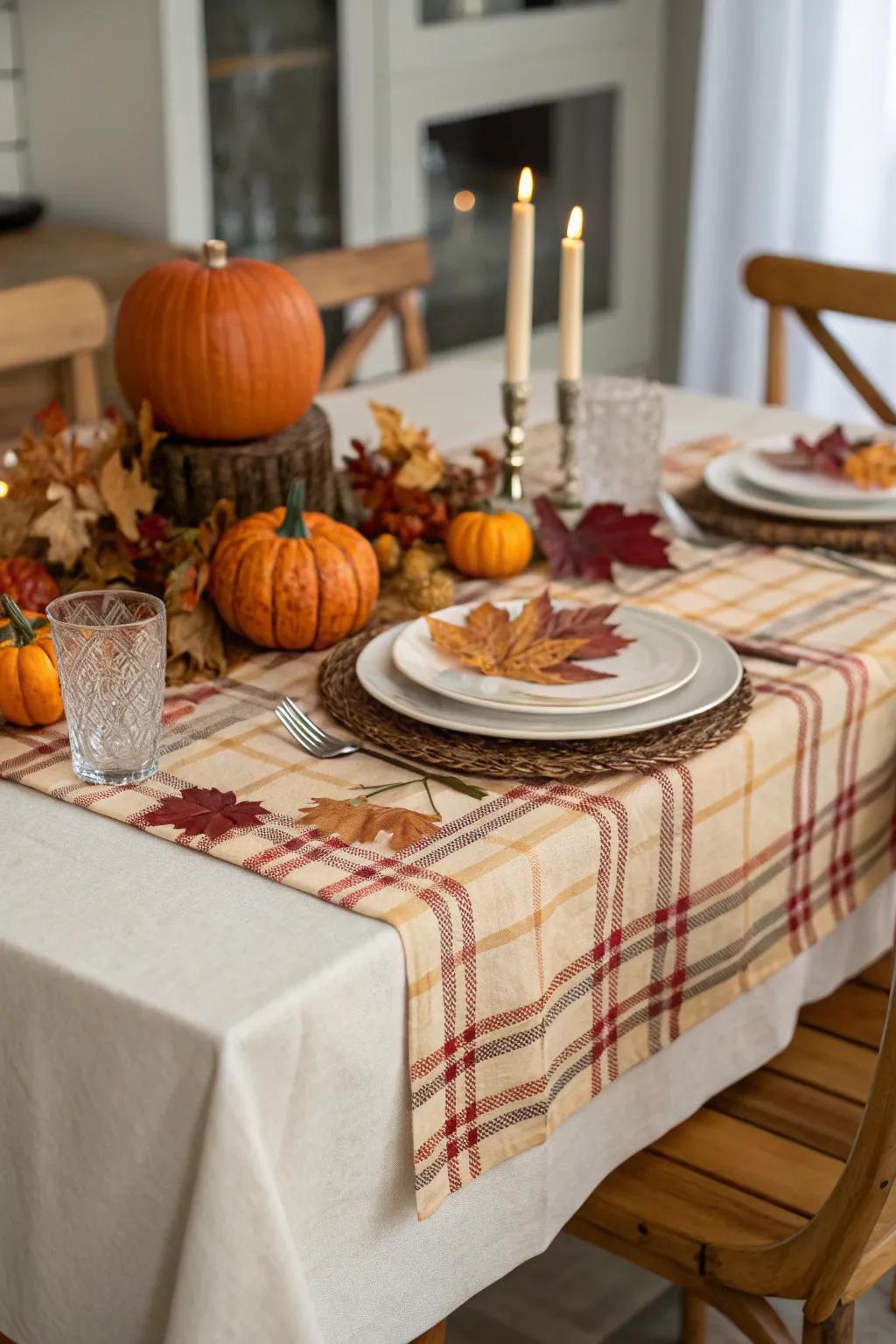 Checkered fabrics infuse a classic touch into fall decor.