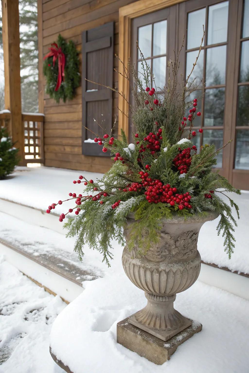 Festive berry branches and evergreens in a fall urn.