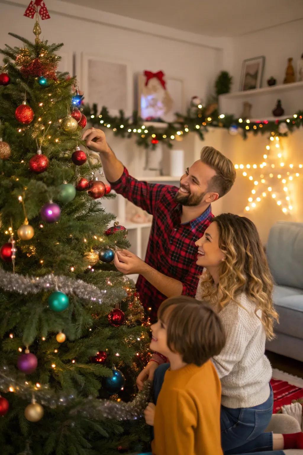 Capture the mirth of embellishing the Christmas tree as a family.