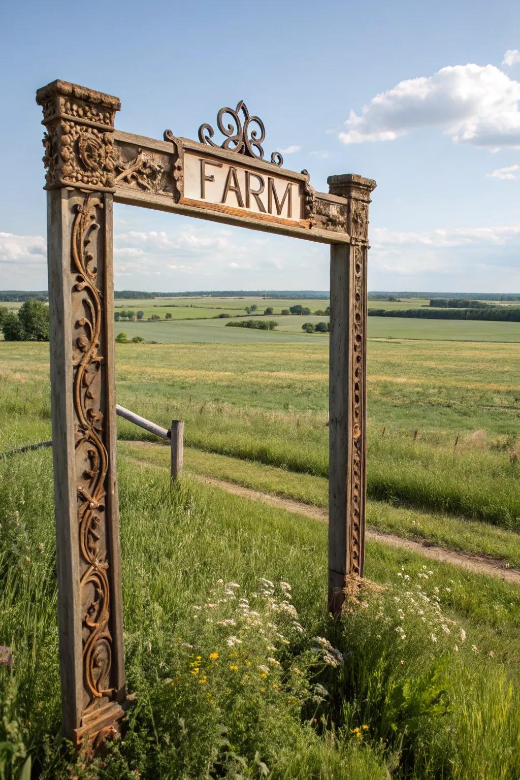 Ornamental features enhancing the visual appeal of a farm marker.