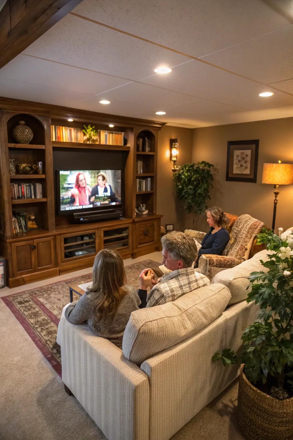 Comfortable seating arranged to facilitate both TV viewing and conversation.