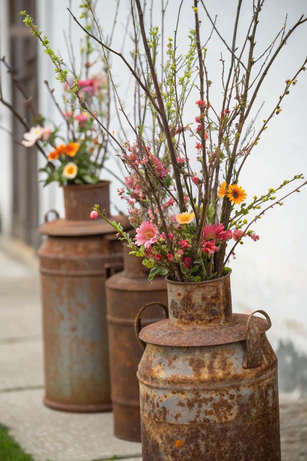 Old dairy vessels add homespun charm as vases with lofty branches.