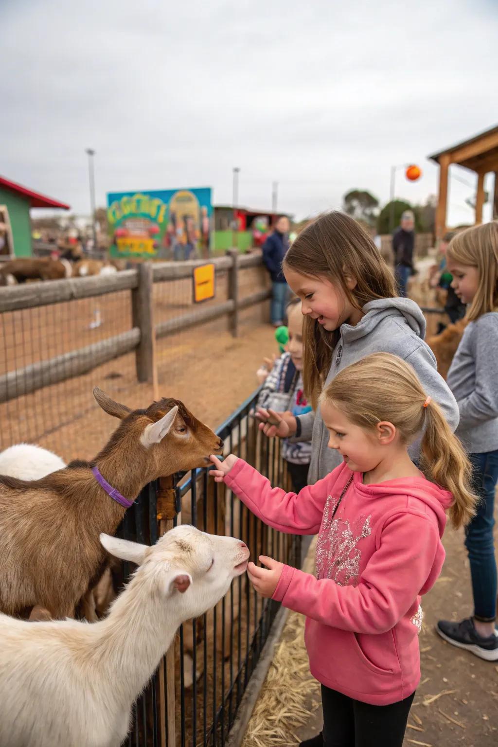 A miniature animal display showcasing lambs and goats offers practical amusement for attendees spanning all age groups.