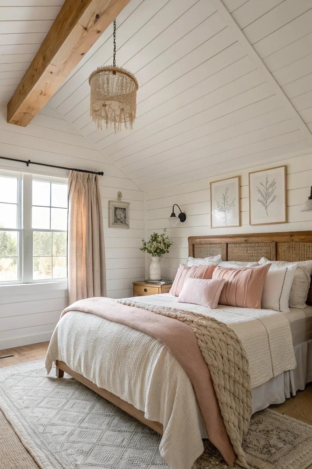 Painted plank paneling ceilings introduce texture and charisma to this farmhouse bedroom.
