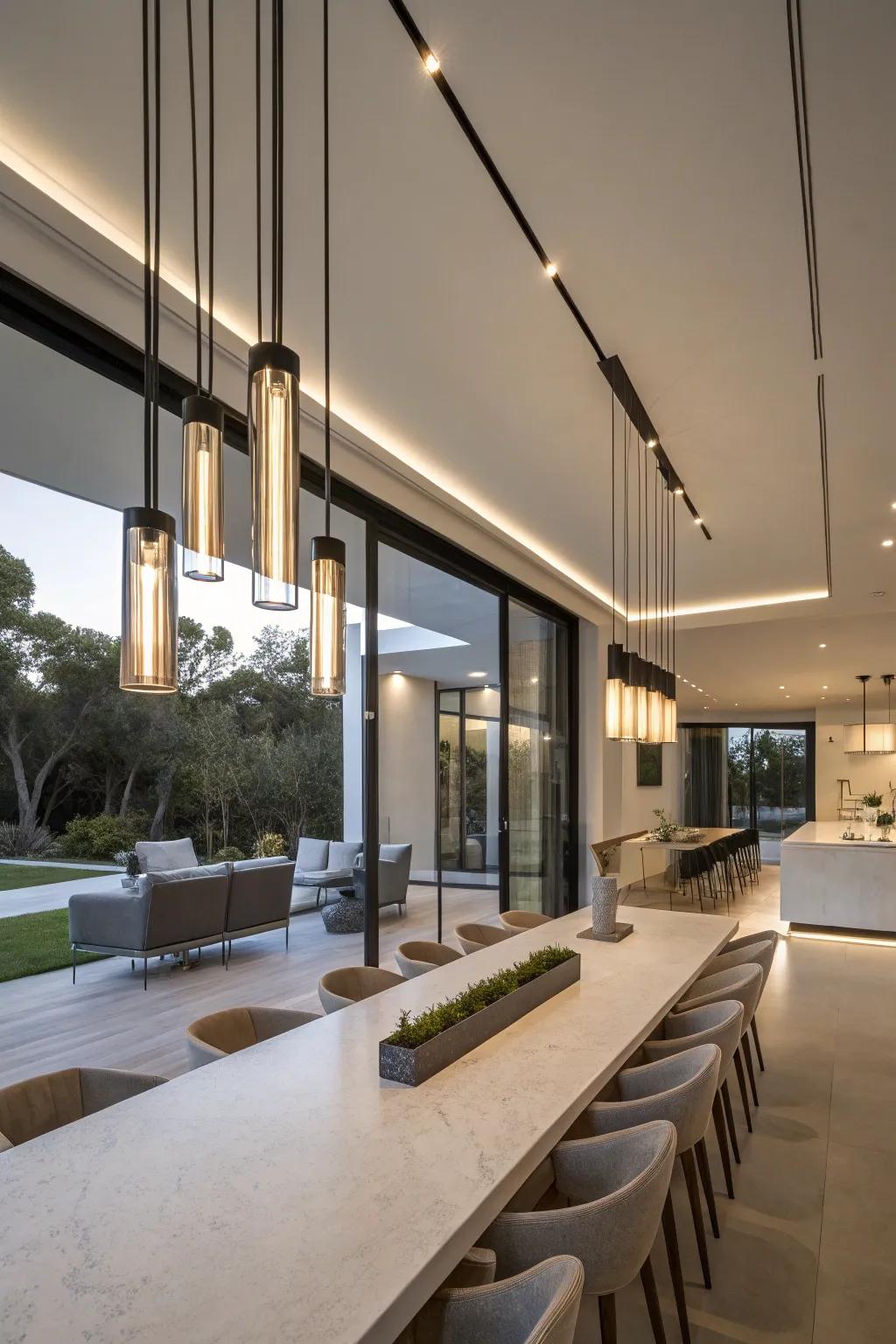 Straight pendant lights provide a refined and sophisticated appearance above long tables.