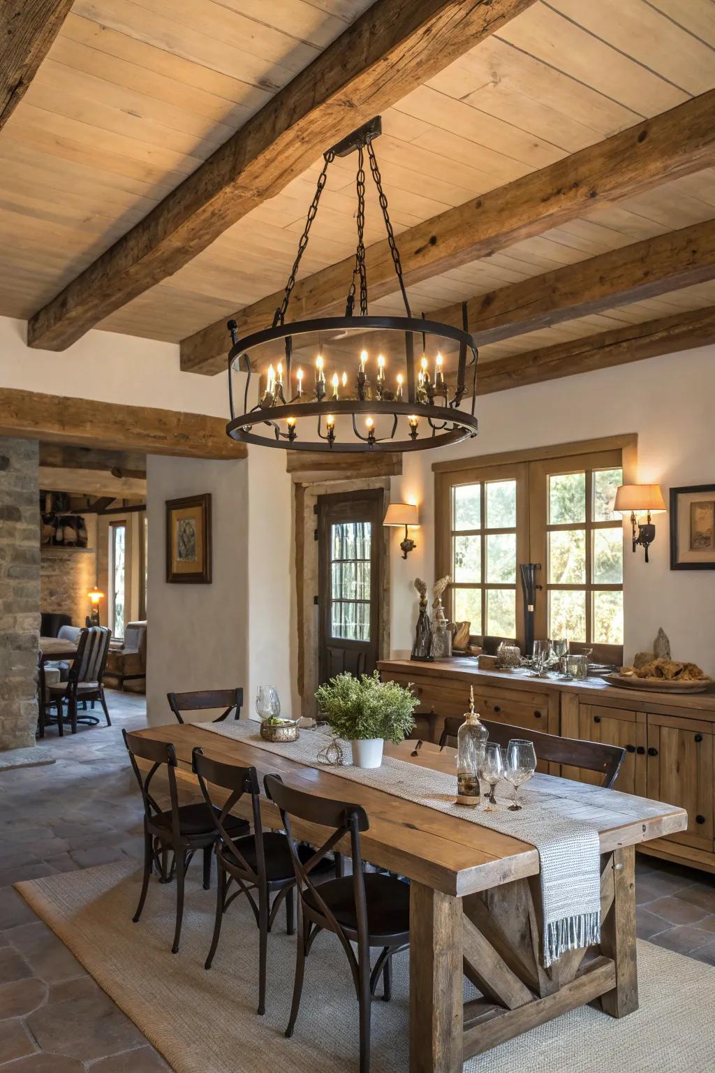 Timber and iron fixtures merge country and industrial designs harmoniously.