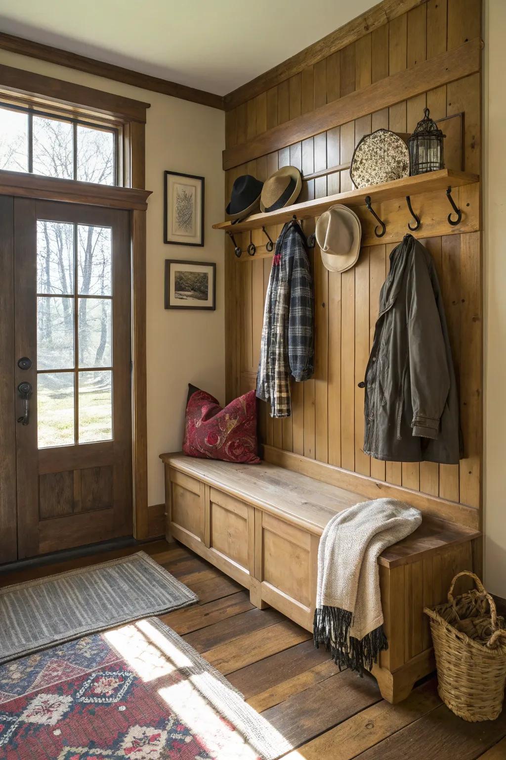 Integrated hooks above a bench provide a functional and stylish touch.