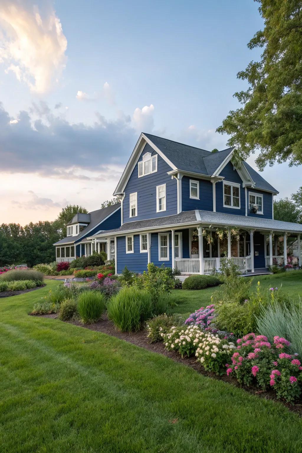 Navy farmhouse exterior projecting both boldness and classic style.
