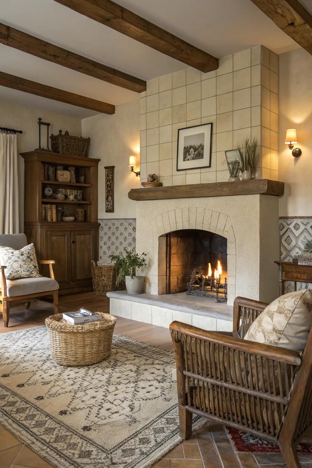 Neutral tiles creating a serene vibe around a farmhouse fireplace.