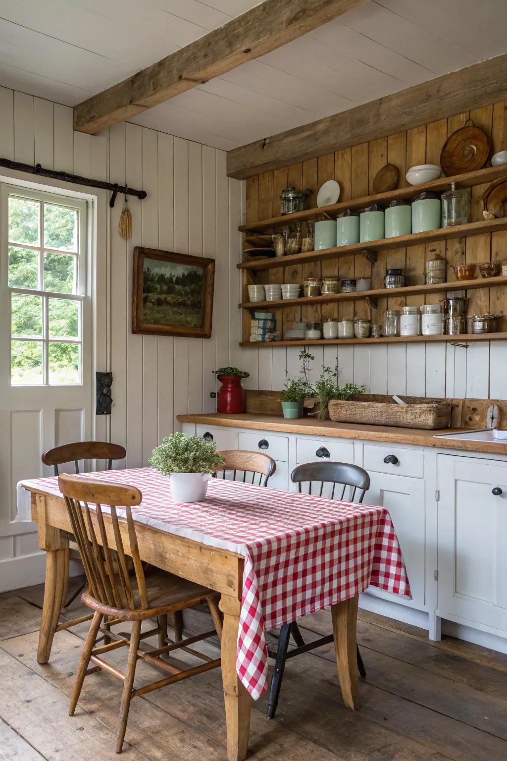 A mix of wood tones creates depth in a farmhouse kitchen setting.