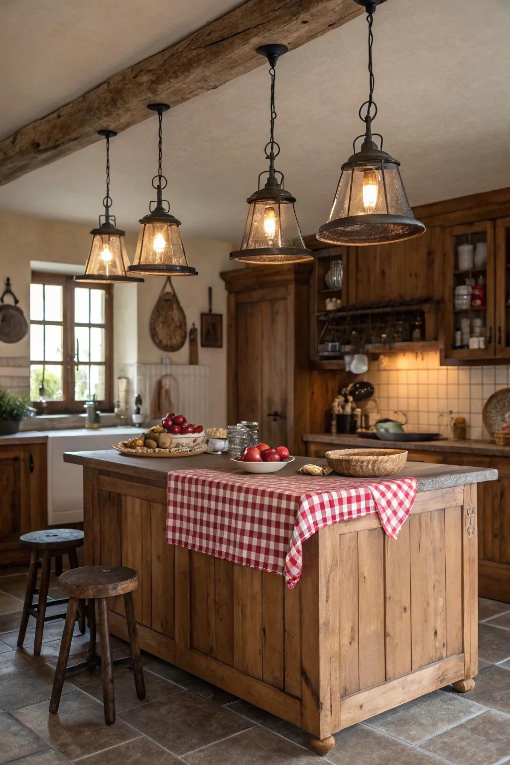A farmhouse kitchen featuring vintage hanging lights situated over a lumber island.