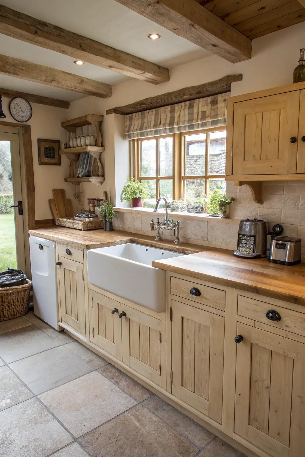 A farmhouse sink enhances the rustic charm of light wood cabinets.