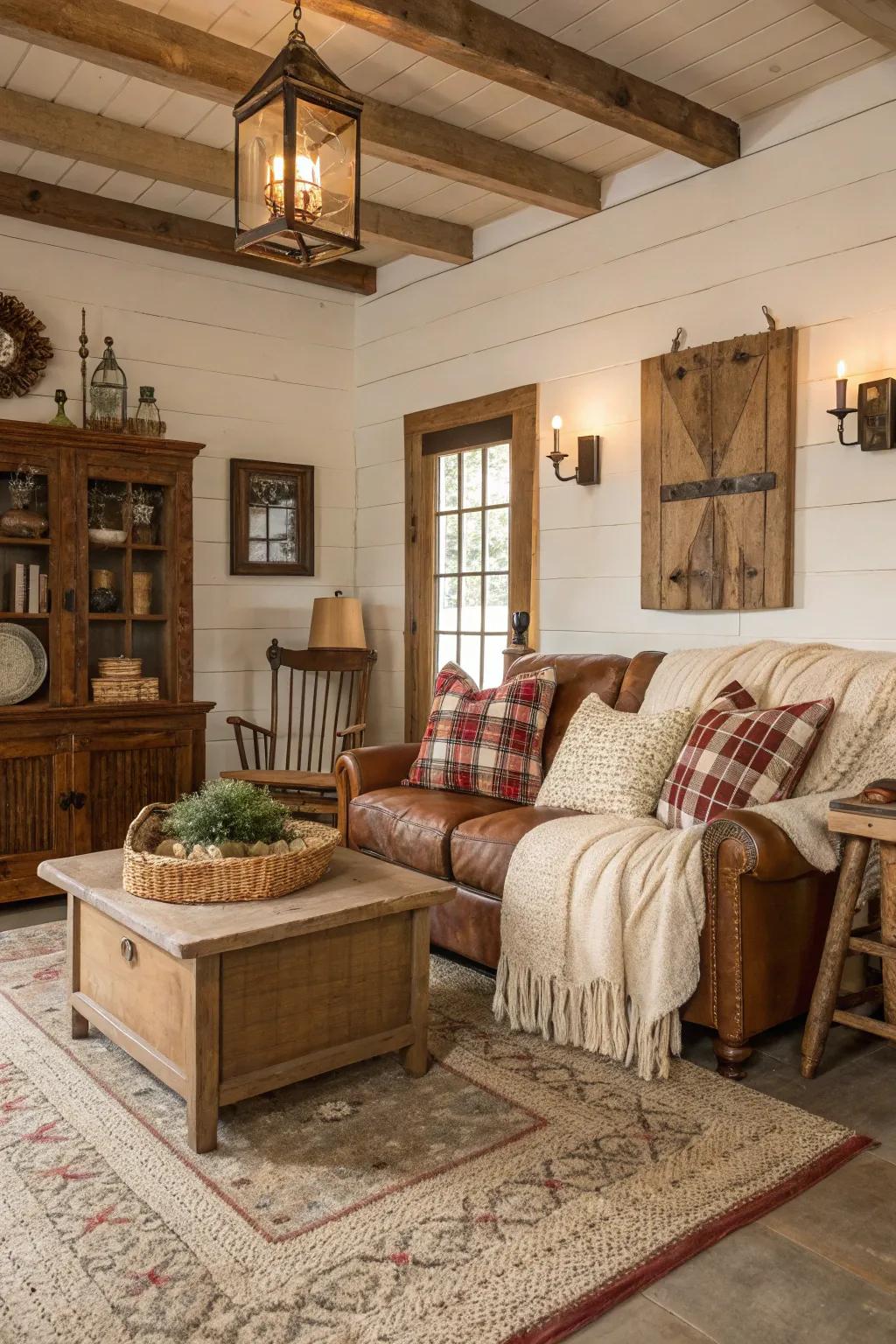 Vintage decor pieces bring a sense of history to this country house family room.