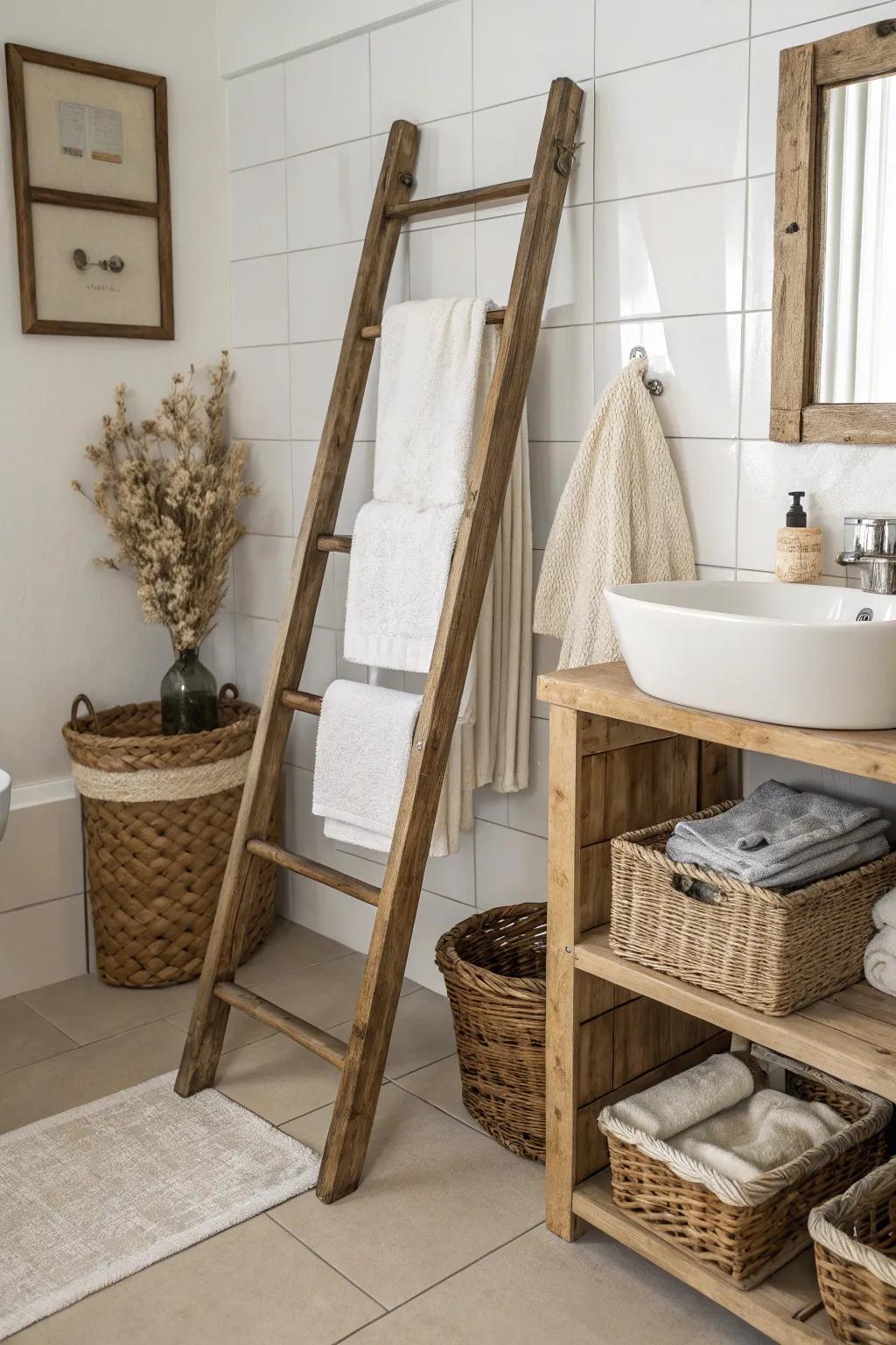 A rustic ladder providing stylish bathroom organization
