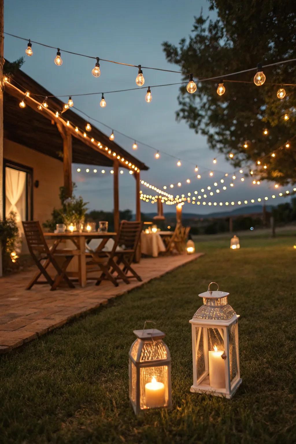 Soft lighting from lanterns and fairy lights sets a warm scene.
