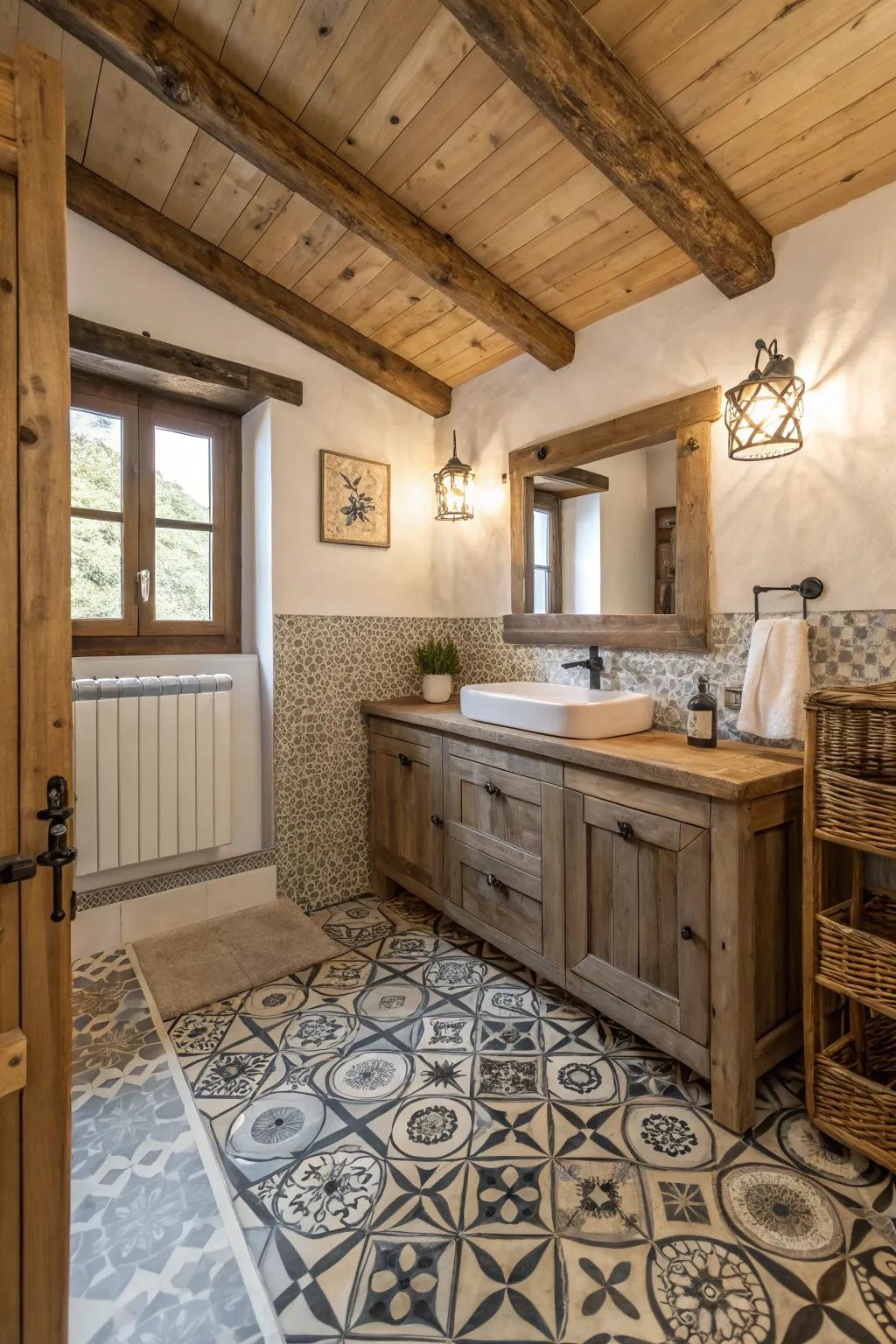 Decorated tiles introduce visual interest and charm to this small bathroom.