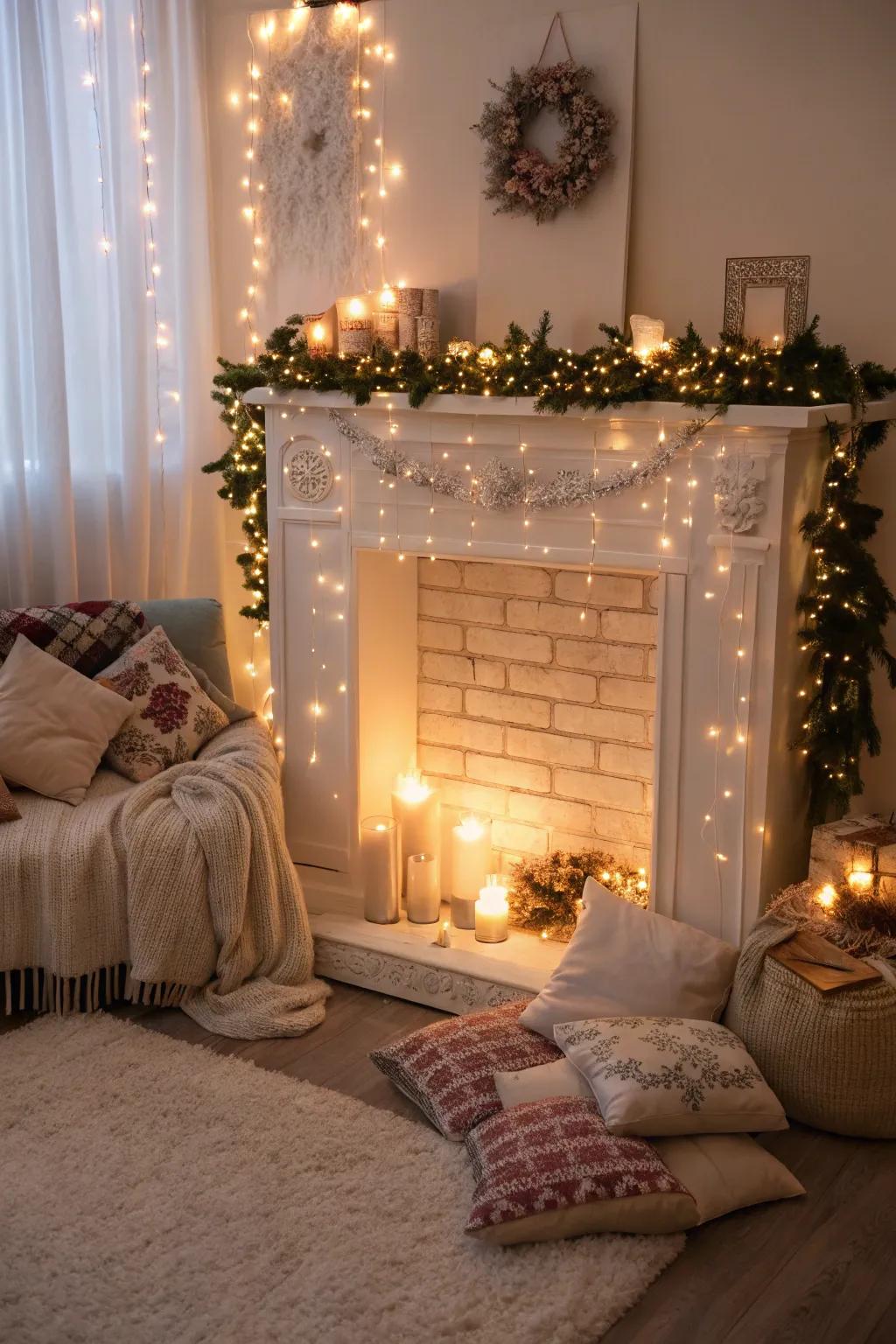 An imitation fireplace sparkling with magical lights.