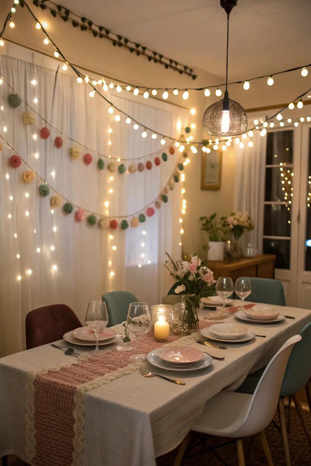 Felt garlands matched with lights contribute elegance and warmth to dining spaces.