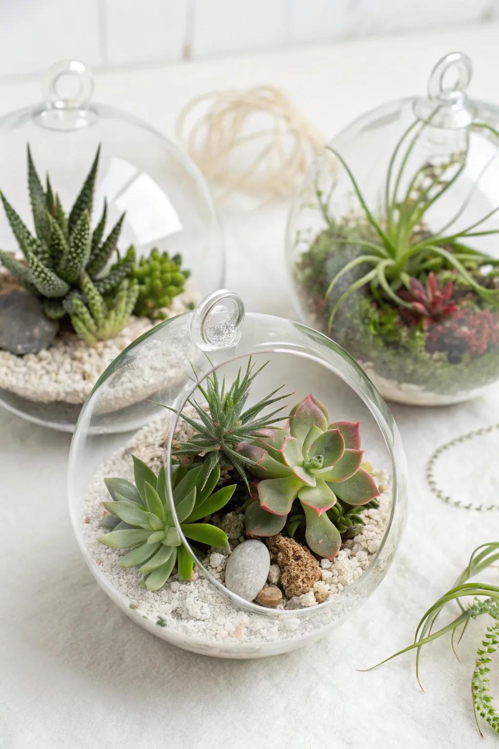 Small botanical arrangement ornaments showcasing succulent plants and epiphytes.