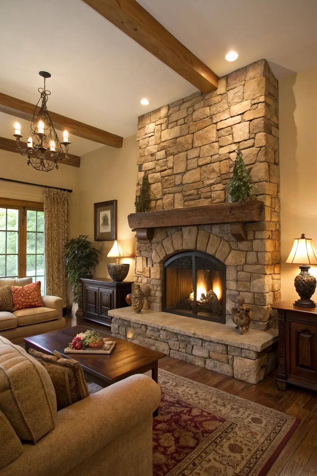 A living room featuring a rustic stone fireplace surround, adding timeless charm.