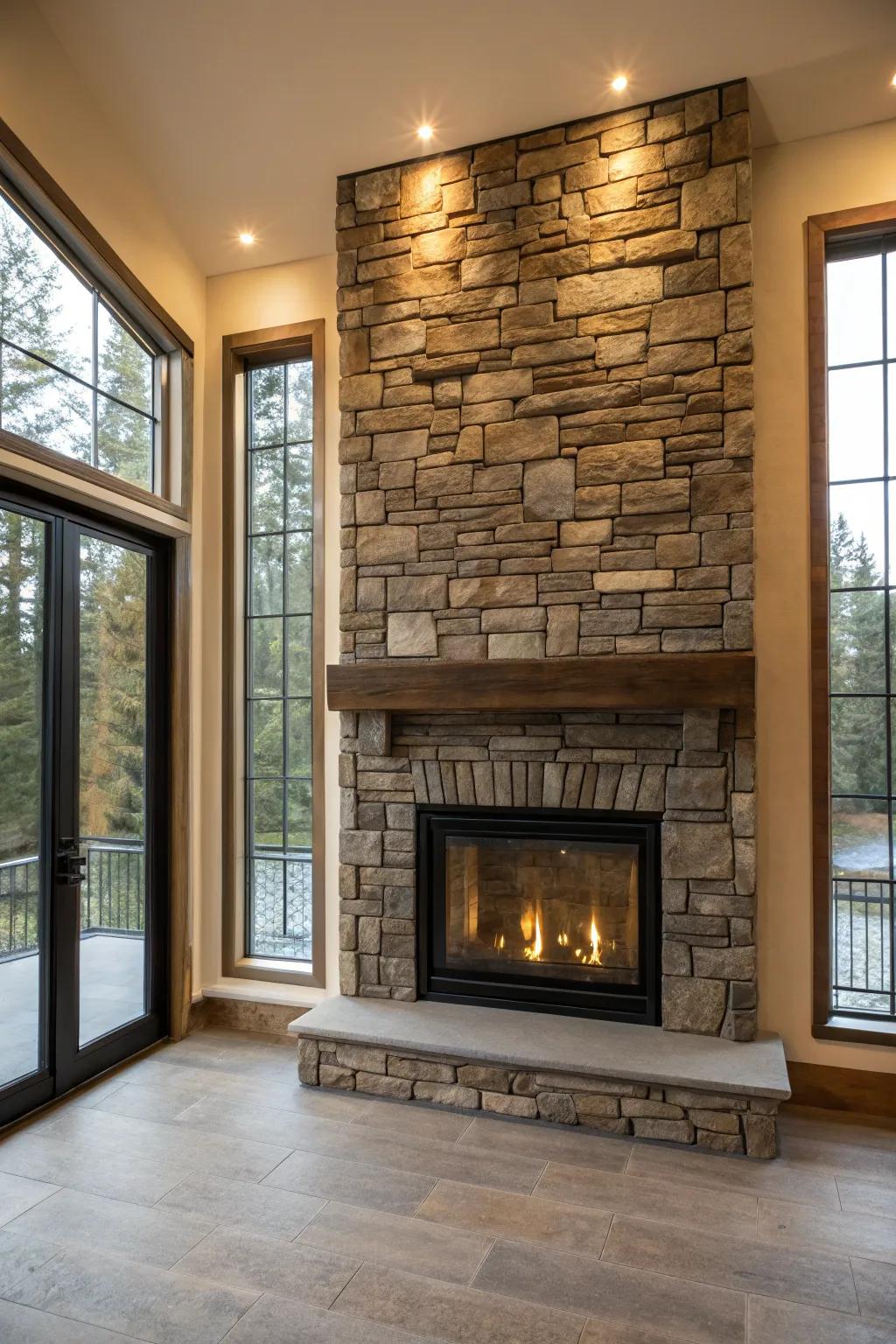 Contrasting textures add depth and character to this fireplace design.