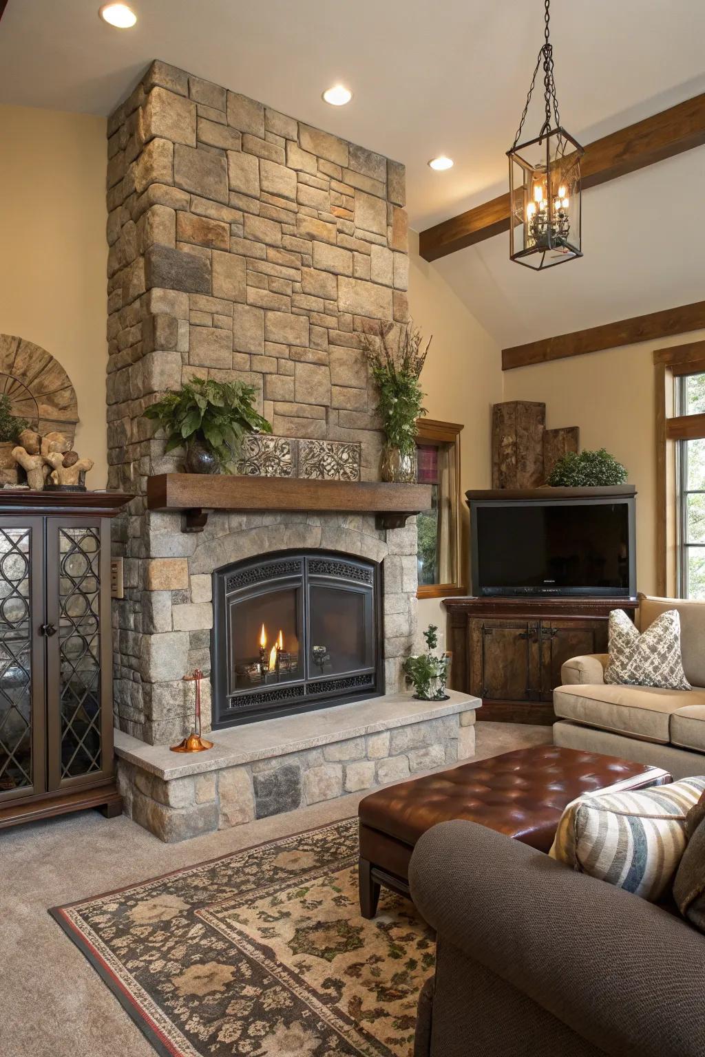 A textured lounge showcasing a central fireplace made from contrasting stone and metal materials.