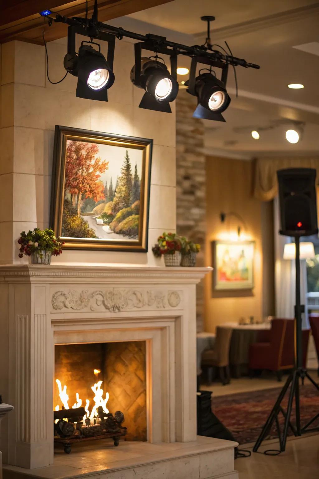 Spotlights enhance decorative features around the fireplace.