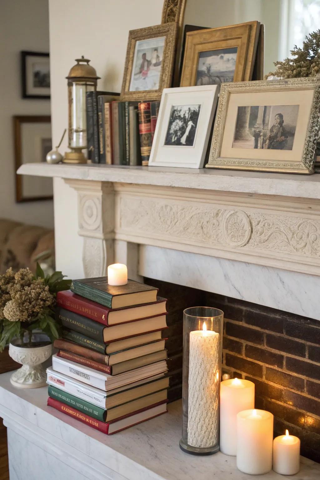 A personalized mantel featuring a collection of books and keepsakes.
