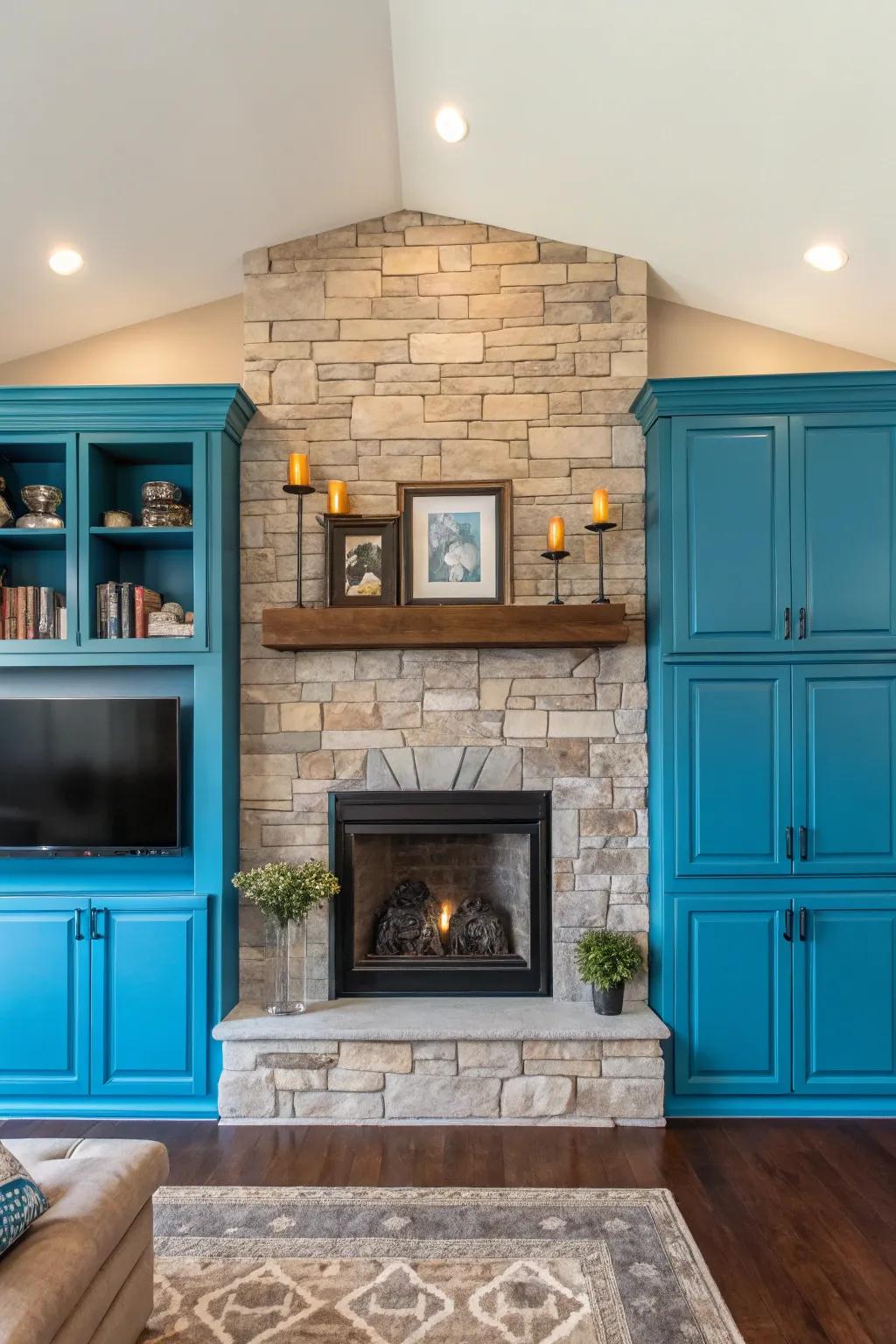 A vibrant splash of color adds character and style to your fireplace cabinets.
