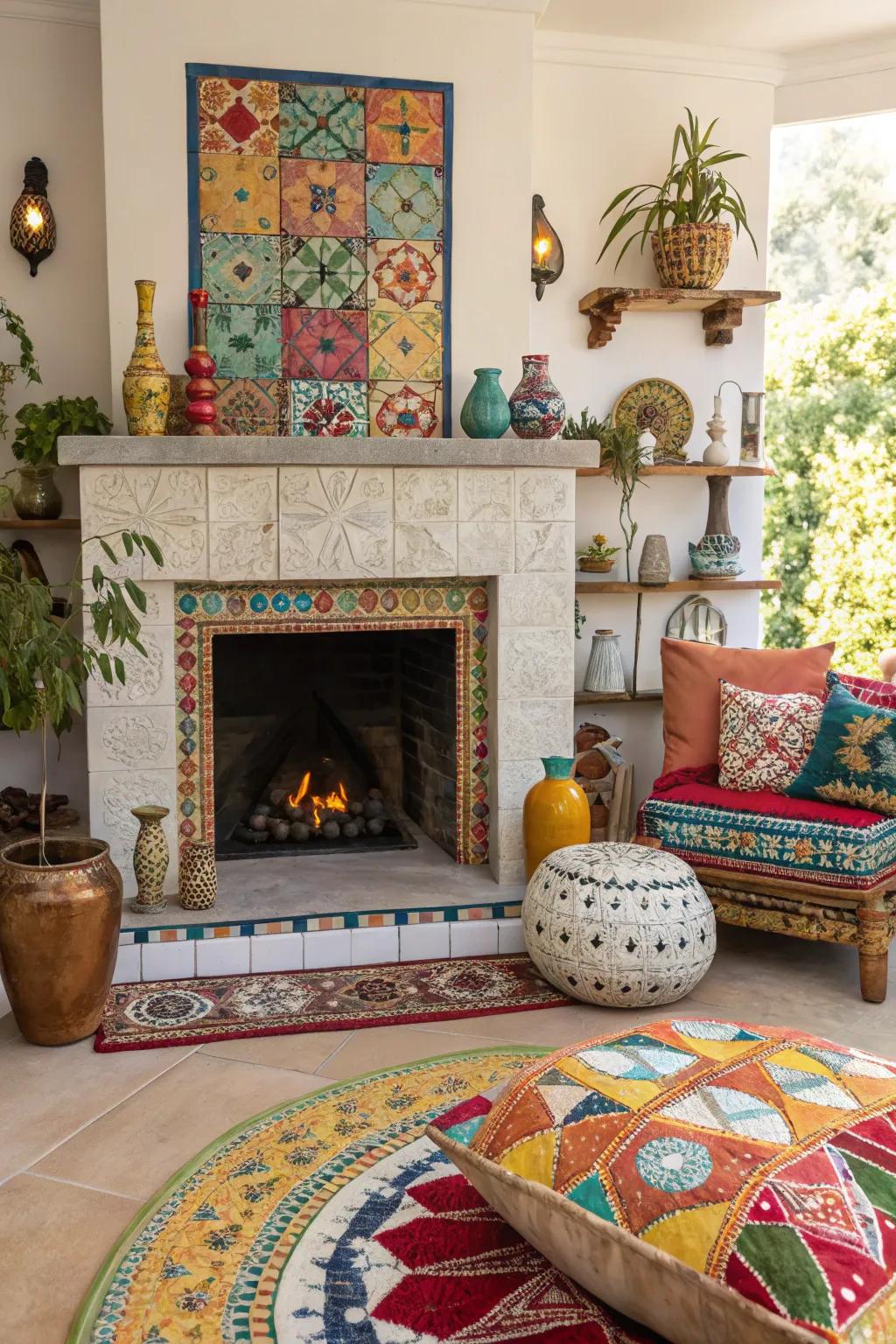 An eclectic mosaic design creates a stunning focal point on this fireplace.