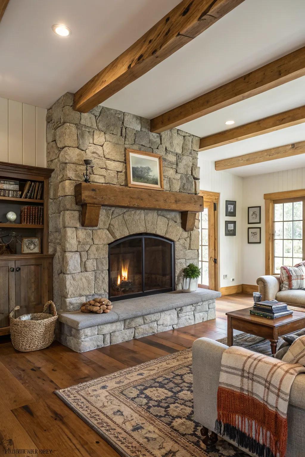 Reclaimed wood adds a rustic touch to your fireplace.