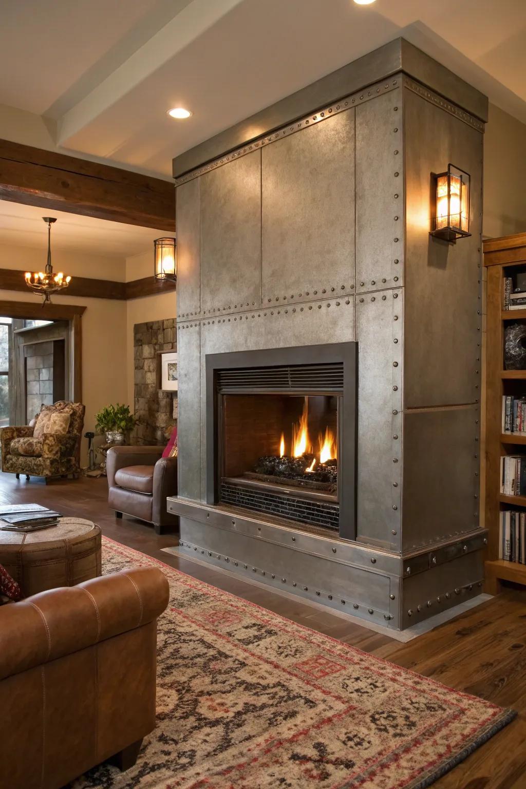 A smooth steel fireplace surround enhances the industrial atmosphere.