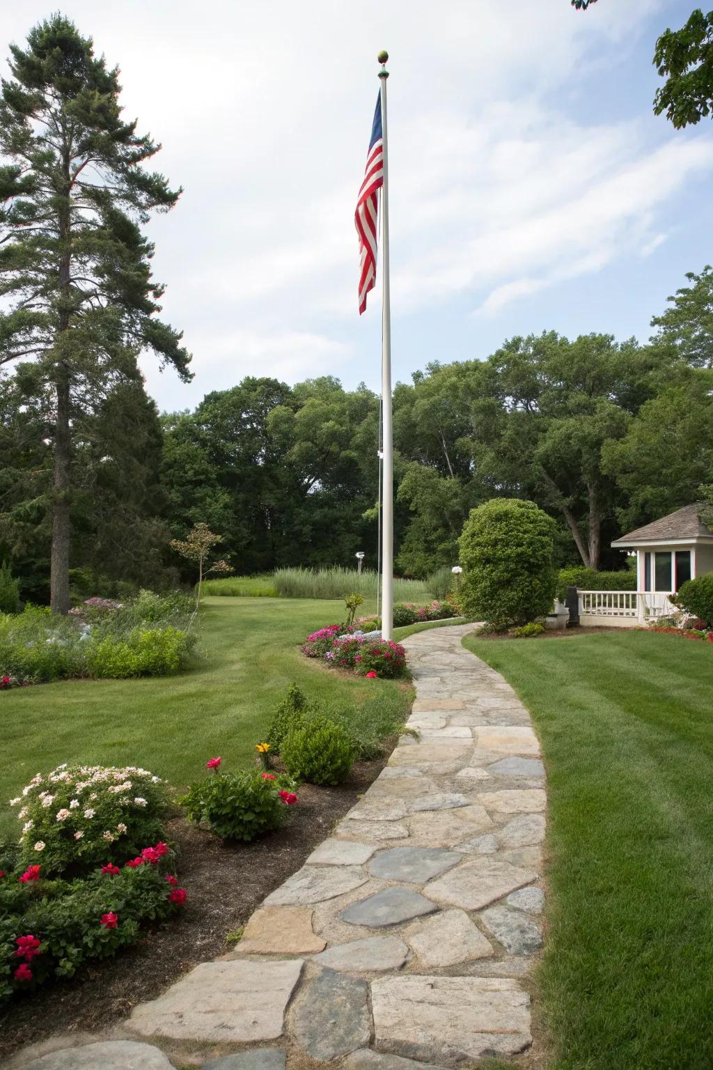 Footpaths introduce both utility and beauty to flagpole arrangements.