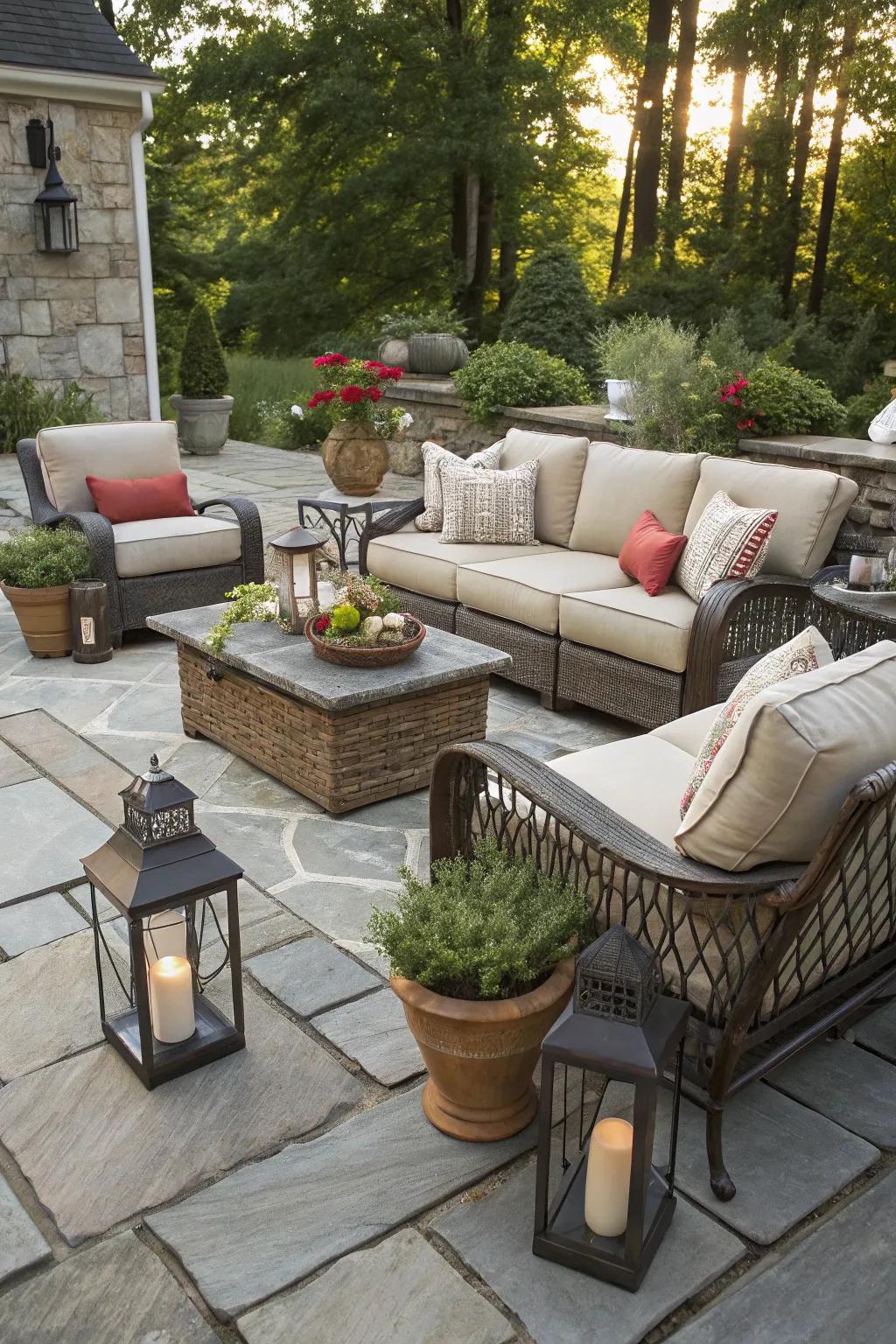 A cozy outdoor living room set on a flagstone patio.