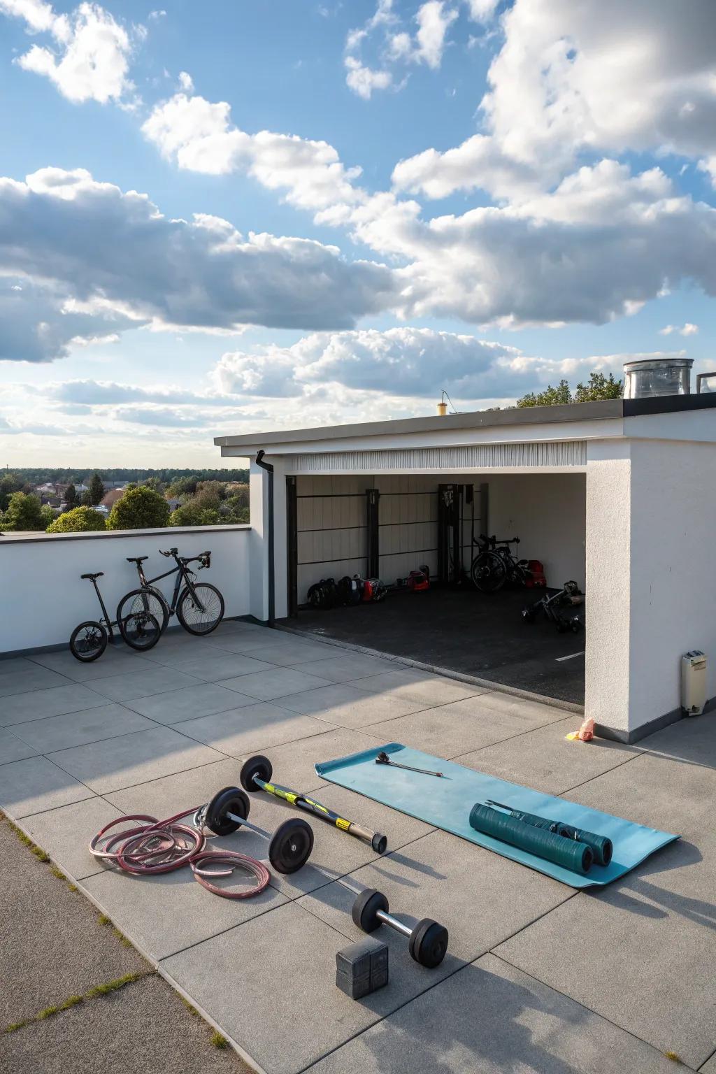 A rooftop fitness zone on a flat roof garage delivers a unique and inspiring workout area.