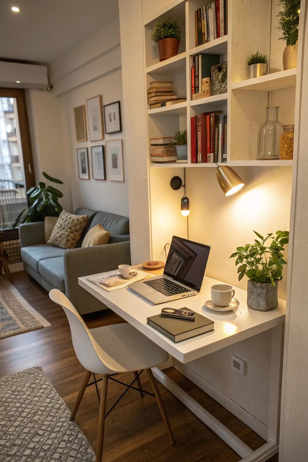 Compact floating desks are suited for small space living.